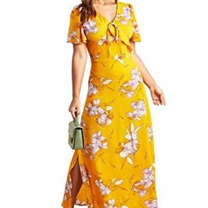 Floral Printed V-neck A -Line Maxi Dress Mustard XL
